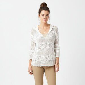 BCBG White Sheer Crochet Hoody Long Sleeve Knit SweaterTop M/L